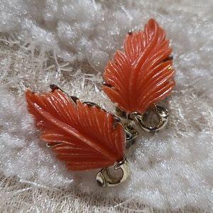 RARE Lisner 1950s Earrings Thermoset Unique Vintage Coral Feather Leaf Clip